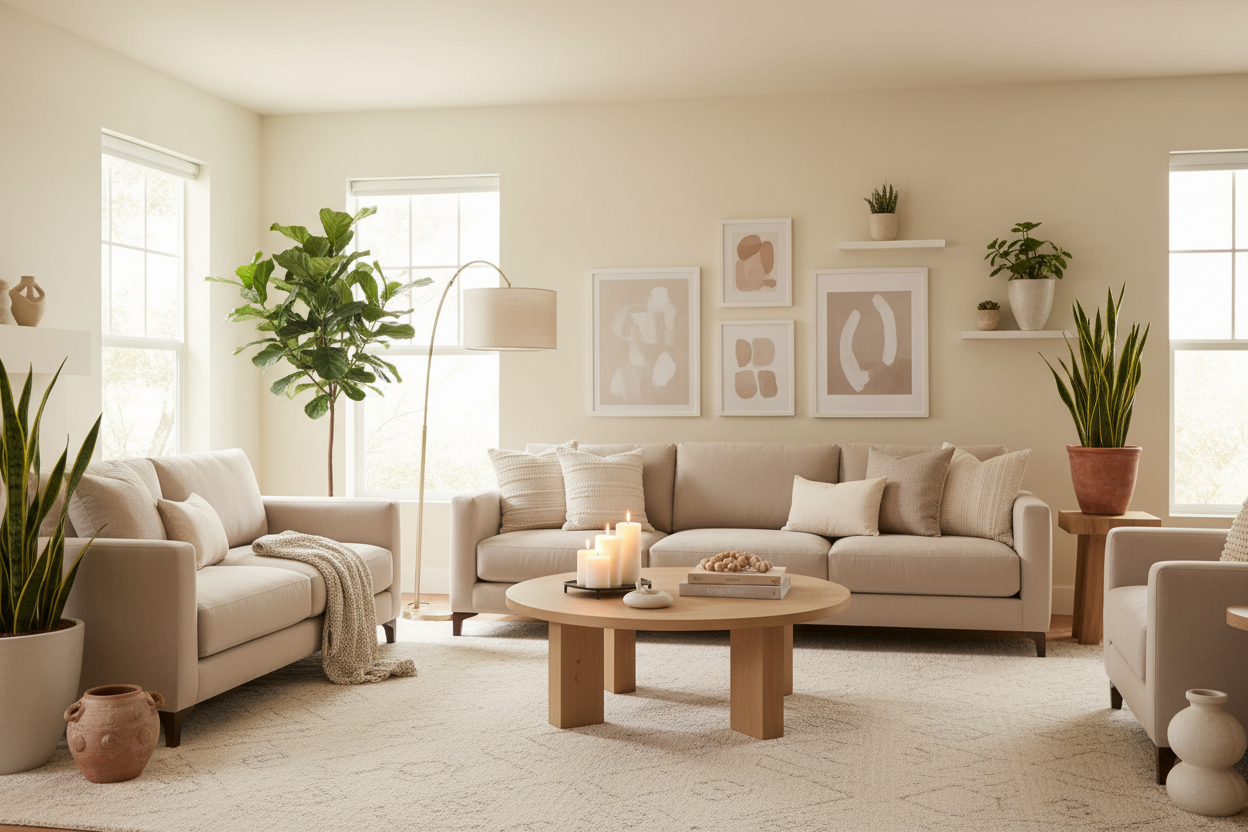 different house products in an light beige living room 