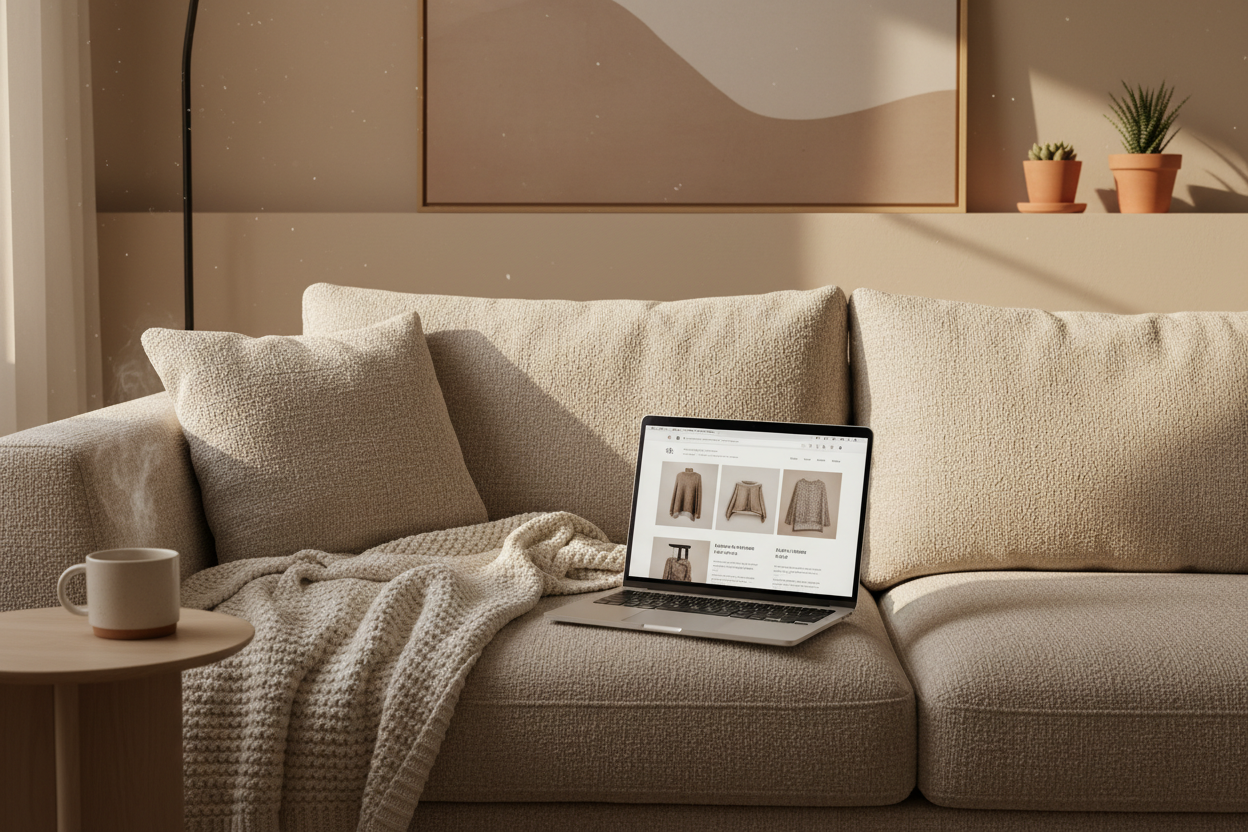 Picture of online shopping on laptop on beige sofa and neutral colors and a cozy vibe 